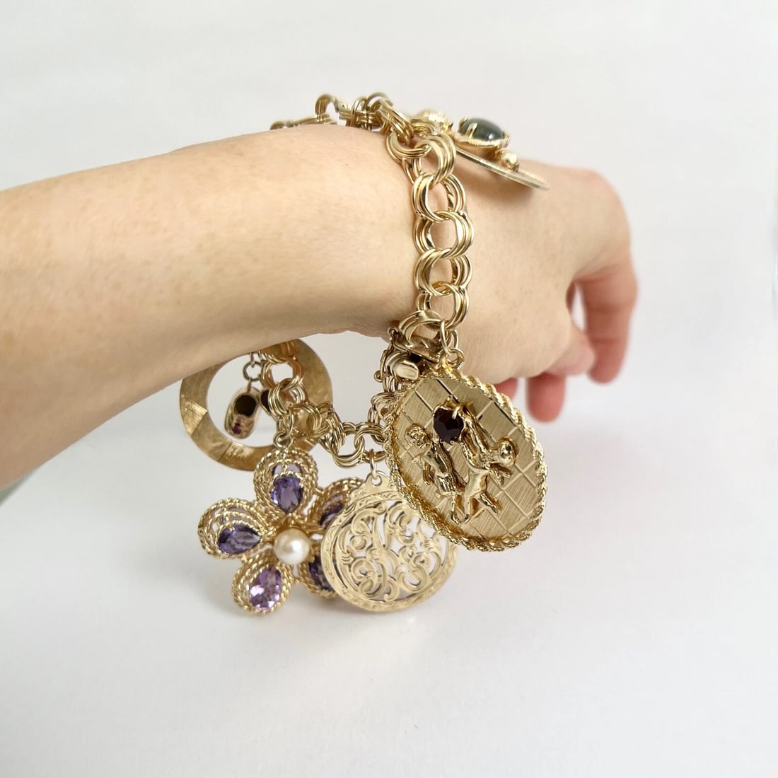 Vintage 1950's Flower Cupid Baby Shoes Charm Bracelet 14K Yellow Gold, 72.44 Gr - 7