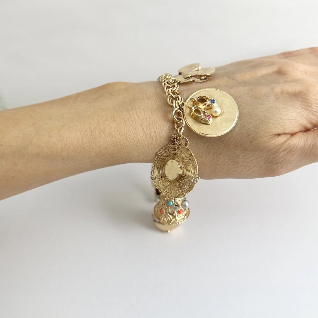 Vintage 1950's Pearl Shoes Hat Police Charm Bracelet 14K Yellow Gold, 59.27 Gram - 6