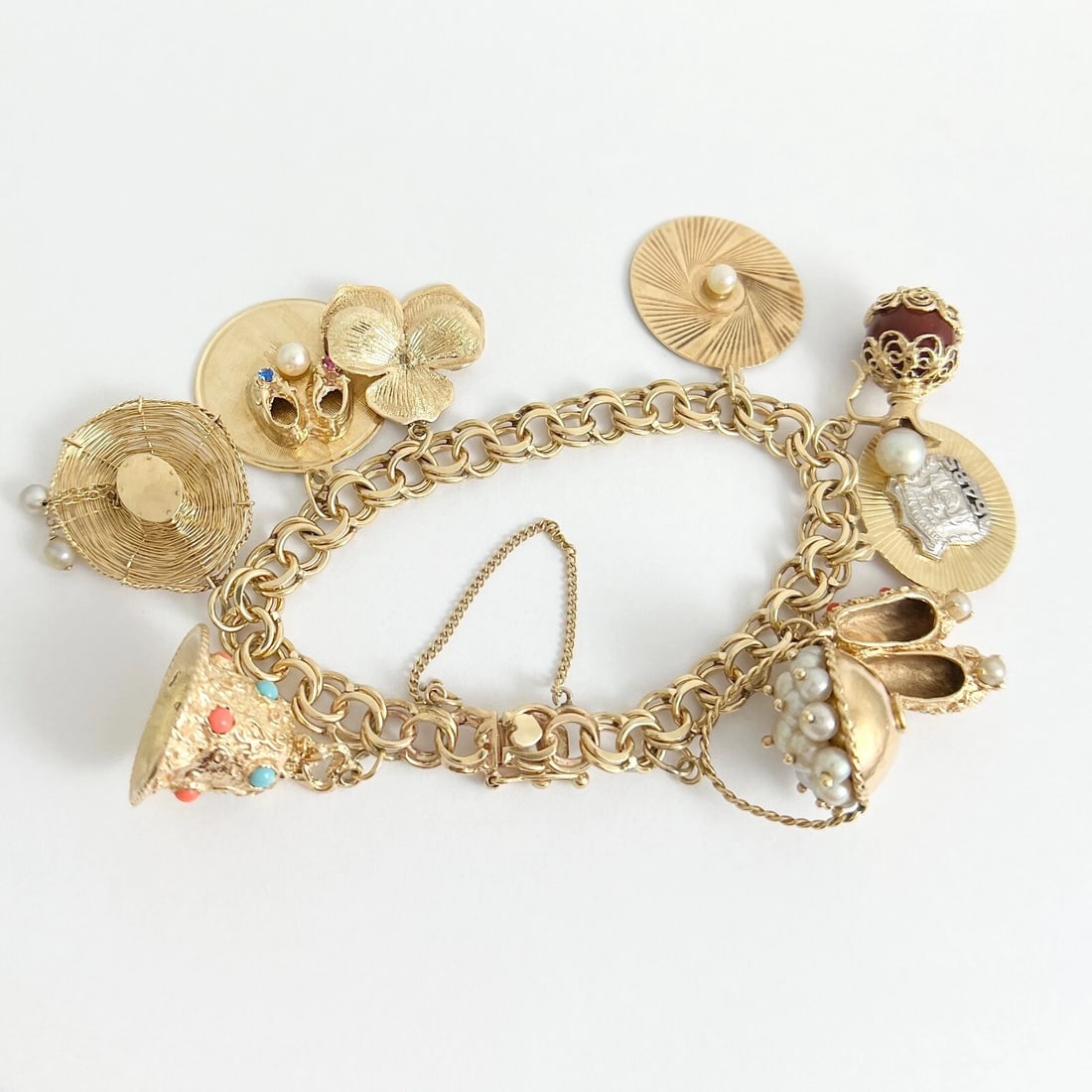 Vintage 1950's Pearl Shoes Hat Police Charm Bracelet 14K Yellow Gold, 59.27 Gram - 9