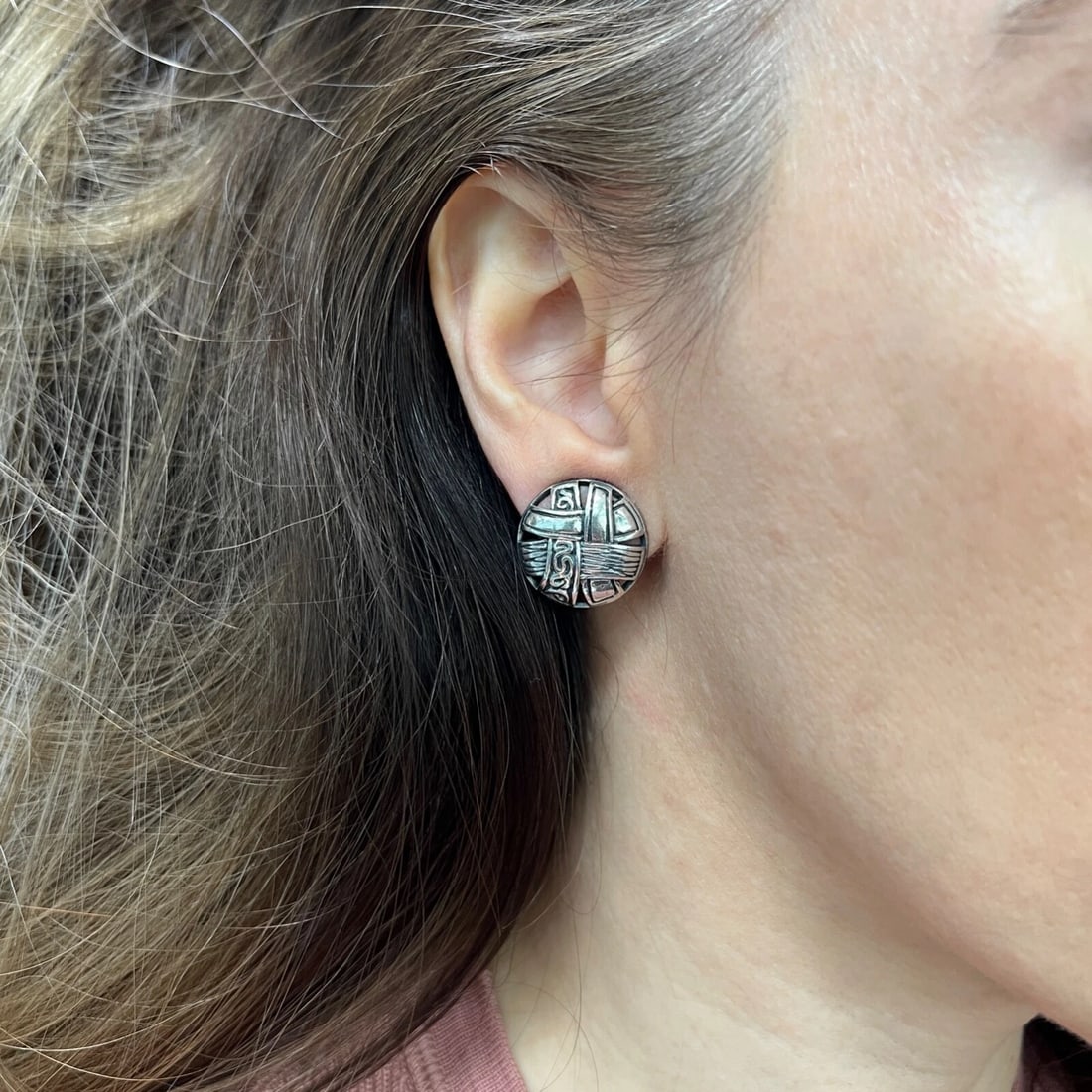 Vintage Round Textured Button Stud Earrings 925 Sterling Silver, 7.17 Grams - 5