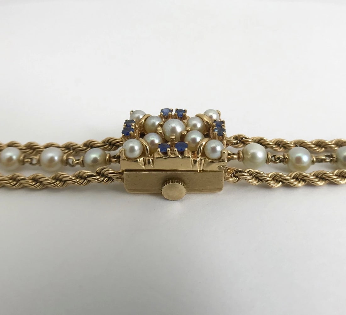 Vintage 1940's Nelmor Pearl Sapphire Bracelet Watch 14K Yellow Gold, 30.7 Grams - 11