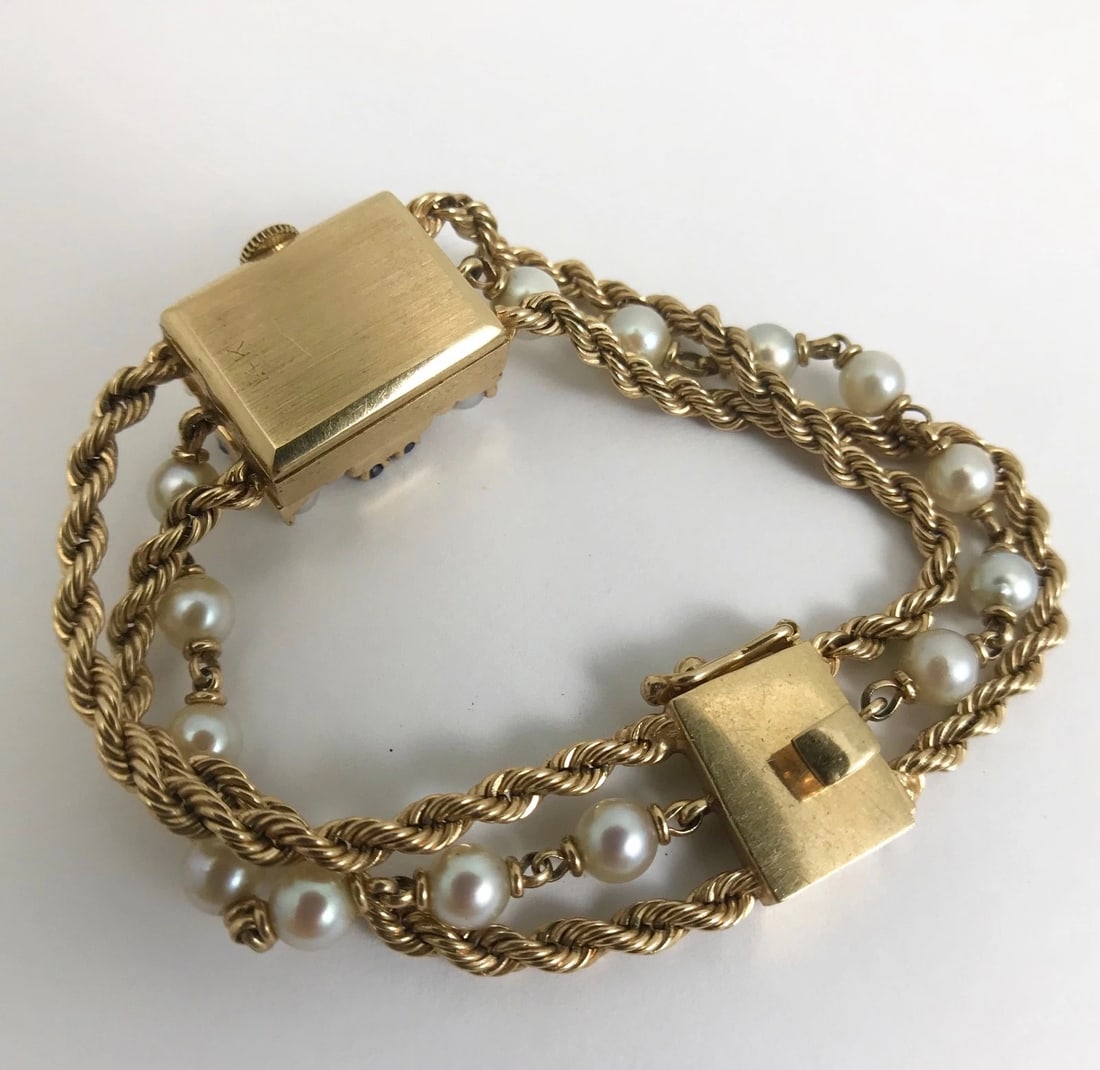 Vintage 1940's Nelmor Pearl Sapphire Bracelet Watch 14K Yellow Gold, 30.7 Grams - 12