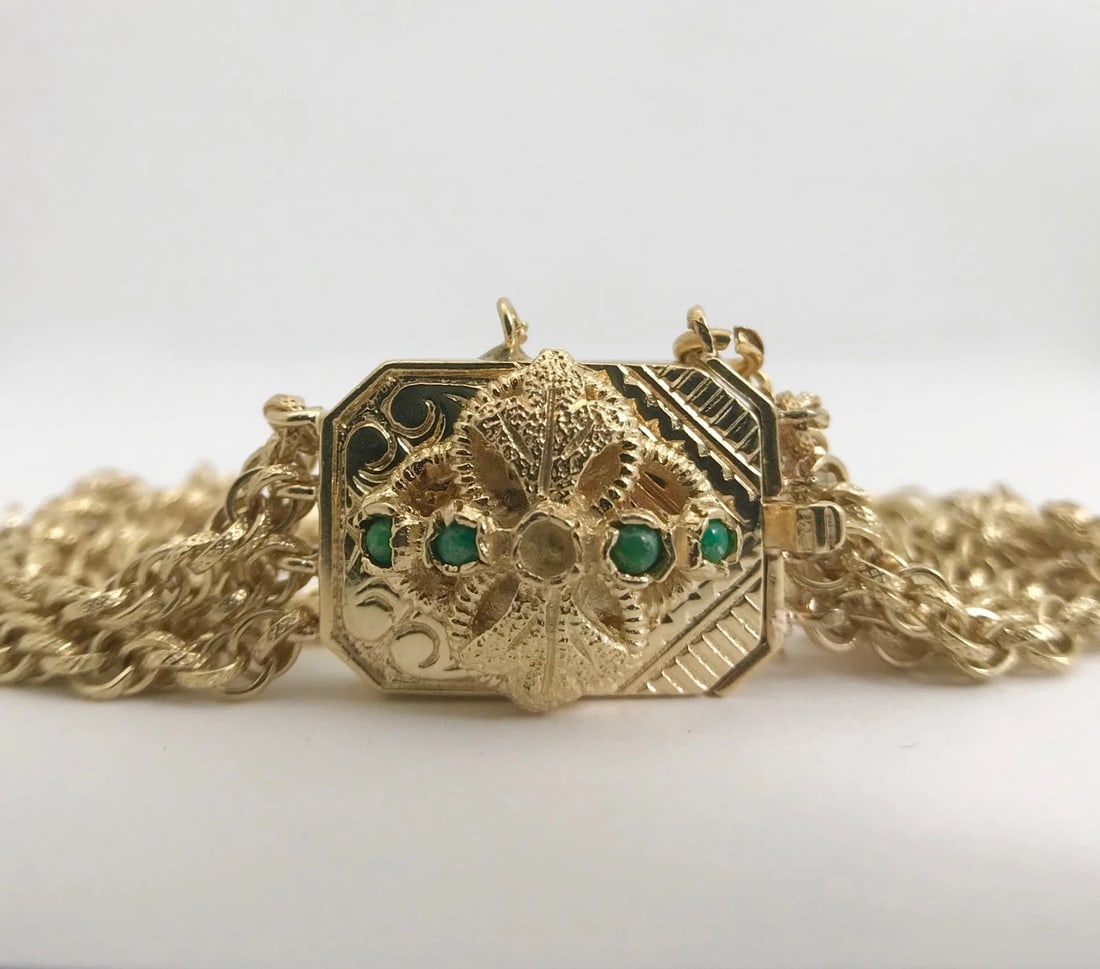 Vintage 1940's Jade Pendant Multi-Strand Chain Bracelet 14K Yellow Gold 23.96 Gr - 12