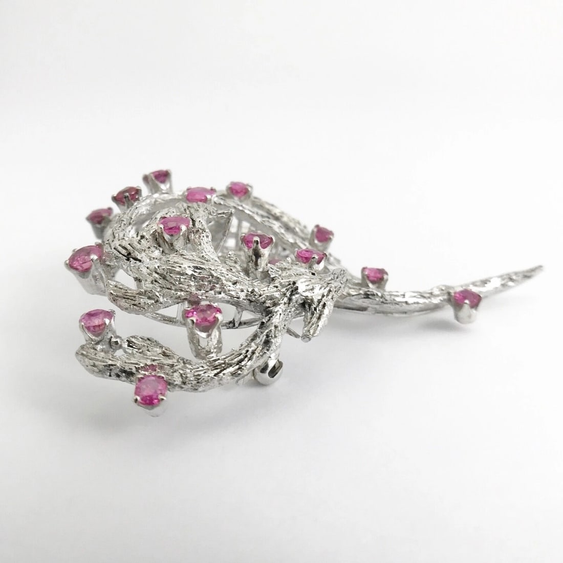 Vintage 1960's Pink Sapphire Gemstone Brooch Pin 18K White Gold, 23.5 Grams - 10