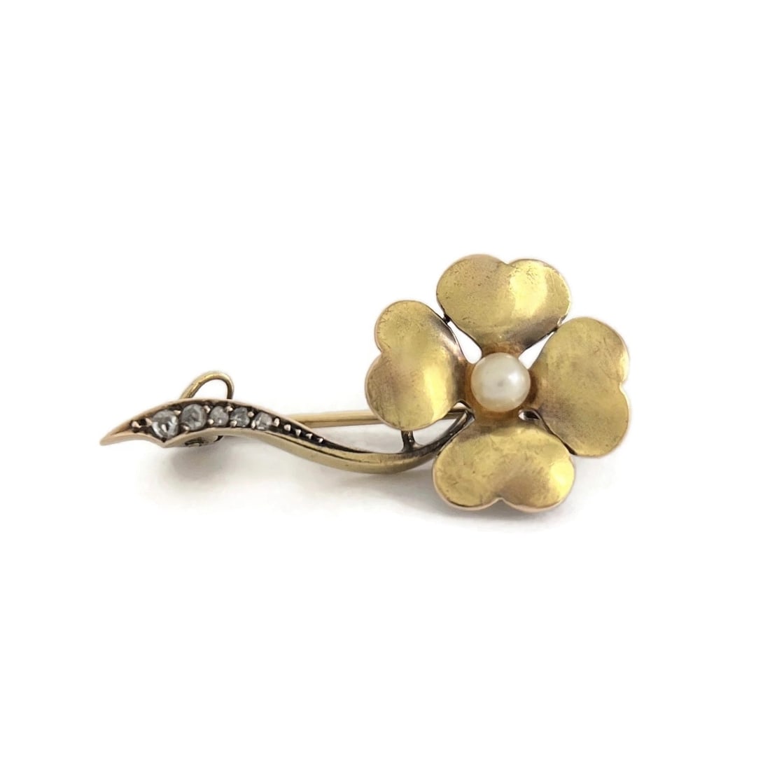 Antique Art Nouveau Pearl Diamond Clover Flower Brooch 14K Yellow Gold, 3.17 Gr: Title: Antique Art Nouveau Pearl Diamond Clover Flower Brooch 14K Yellow Gold, 3.17 Gr Description: Antique Art Nouveau Pearl Diamond Clover Flower Brooch 14K Yellow Gold, 3.17 Gr This is a beautiful