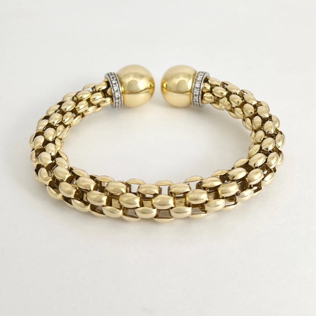 Diamond Gold Ball Cuff Flex Bangle Bracelet 18K Yellow Gold, 43.12 Grams - 8