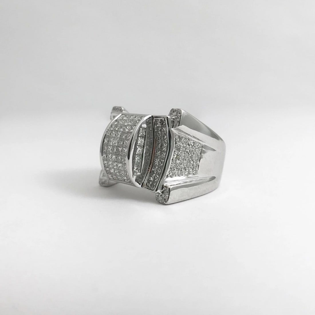 Men's Princess Diamond Invisible Set Ring 14K White Gold, 2.60 CTW, 21.14 Grams - 12