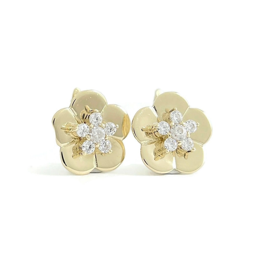 Estate CZ Cubic Zirconia Flower Huggie Stud Earrings 10K Yellow Gold, 3.10 Grams (1 of 5)