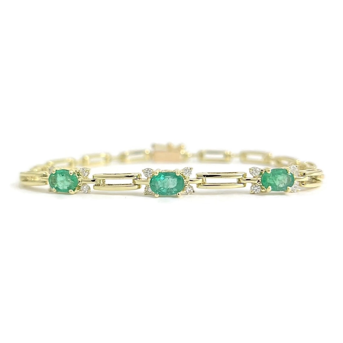 Oval Green Emerald Gemstone Diamond Bracelet 14K Yellow Gold, 7.74 Grams (1 of 8)