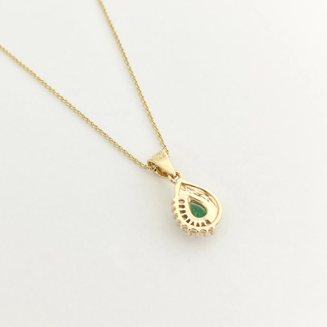 Emerald Diamond Gemstone Teardrop Pendant Necklace 14K Yellow Gold, 3.98 Grams - 6
