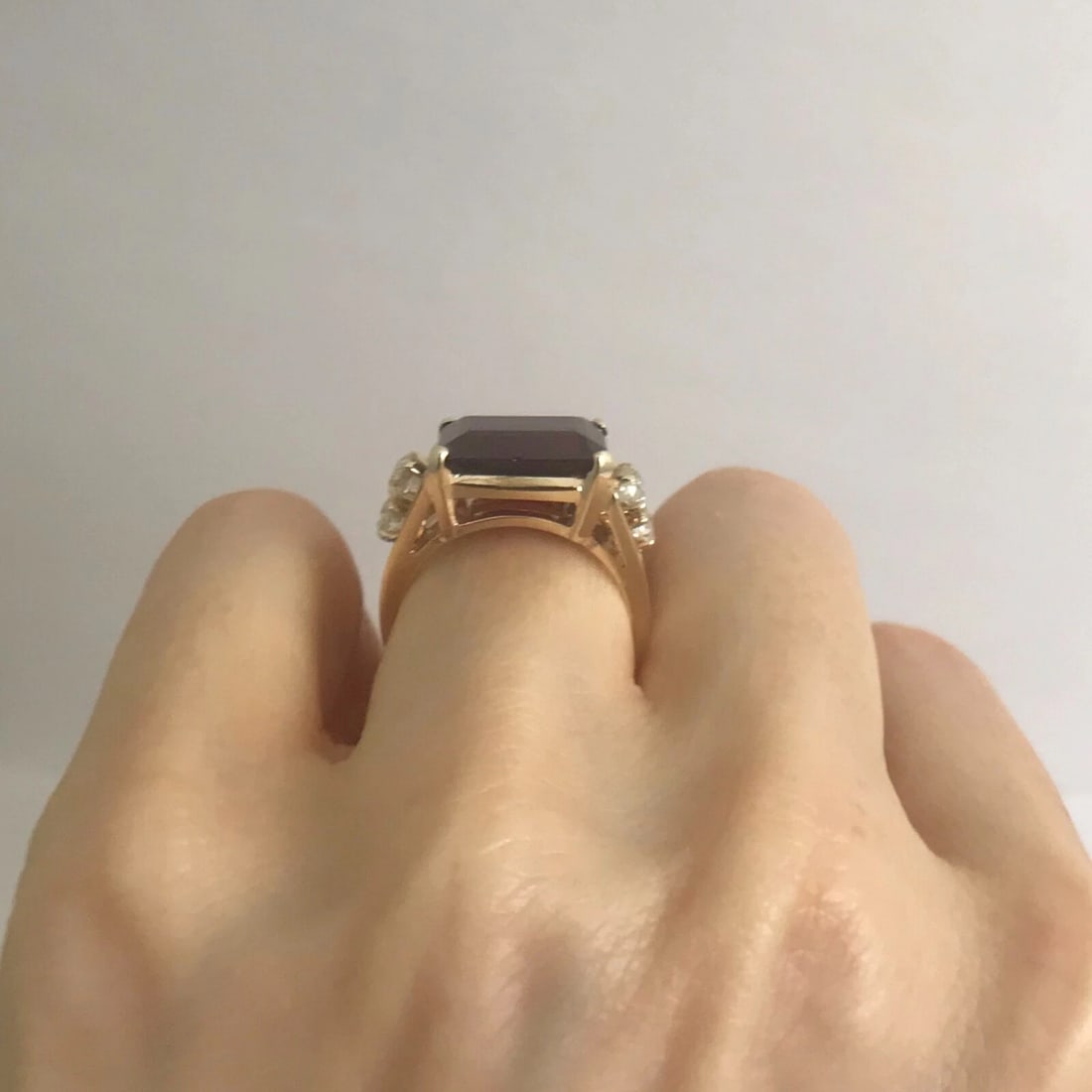 Emerald Cut Red Garnet Diamond Cocktail Ring 14K Yellow Gold, 4.38 CTW, 4.66 Gr - 6