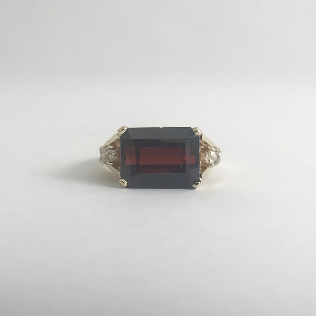 Emerald Cut Red Garnet Diamond Cocktail Ring 14K Yellow Gold, 4.38 CTW, 4.66 Gr - 7