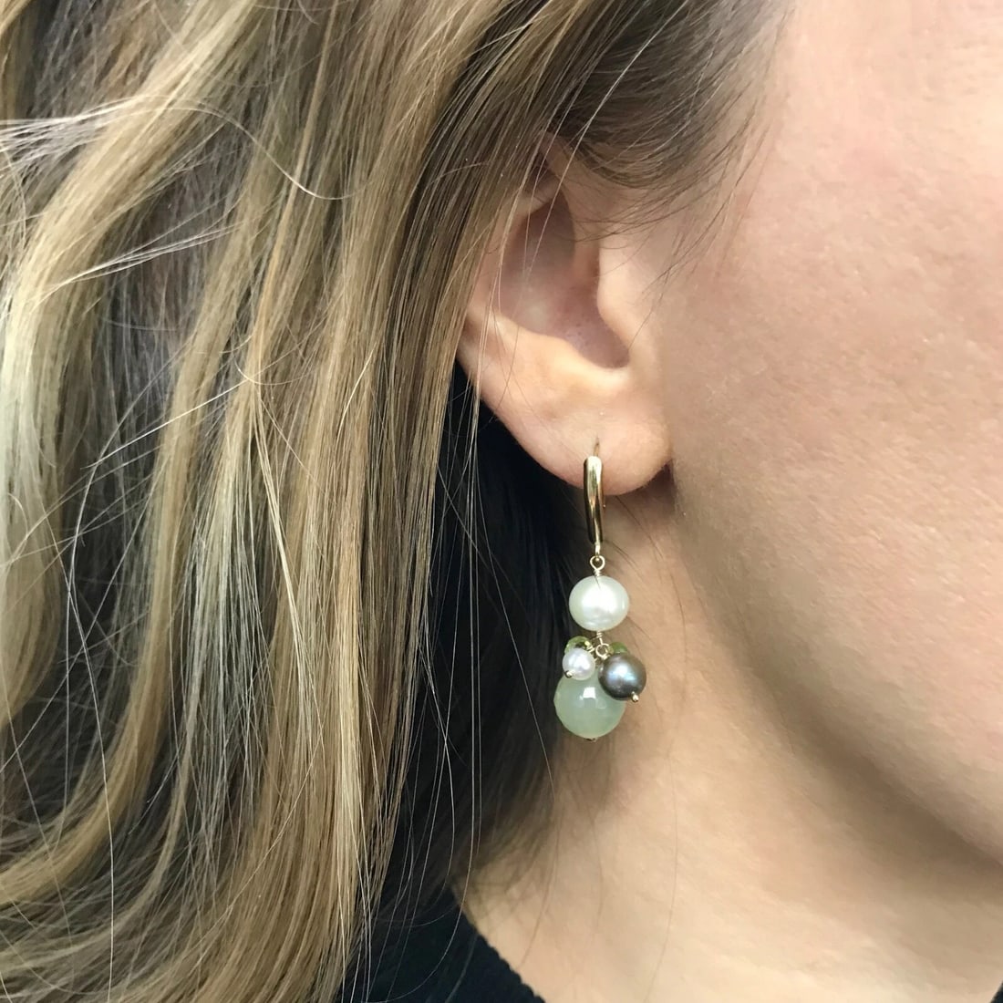 Grey White Pearl Peridot Quartz Dangle Drop Earrings 14K Yellow Gold, 6.42 Grams - 4