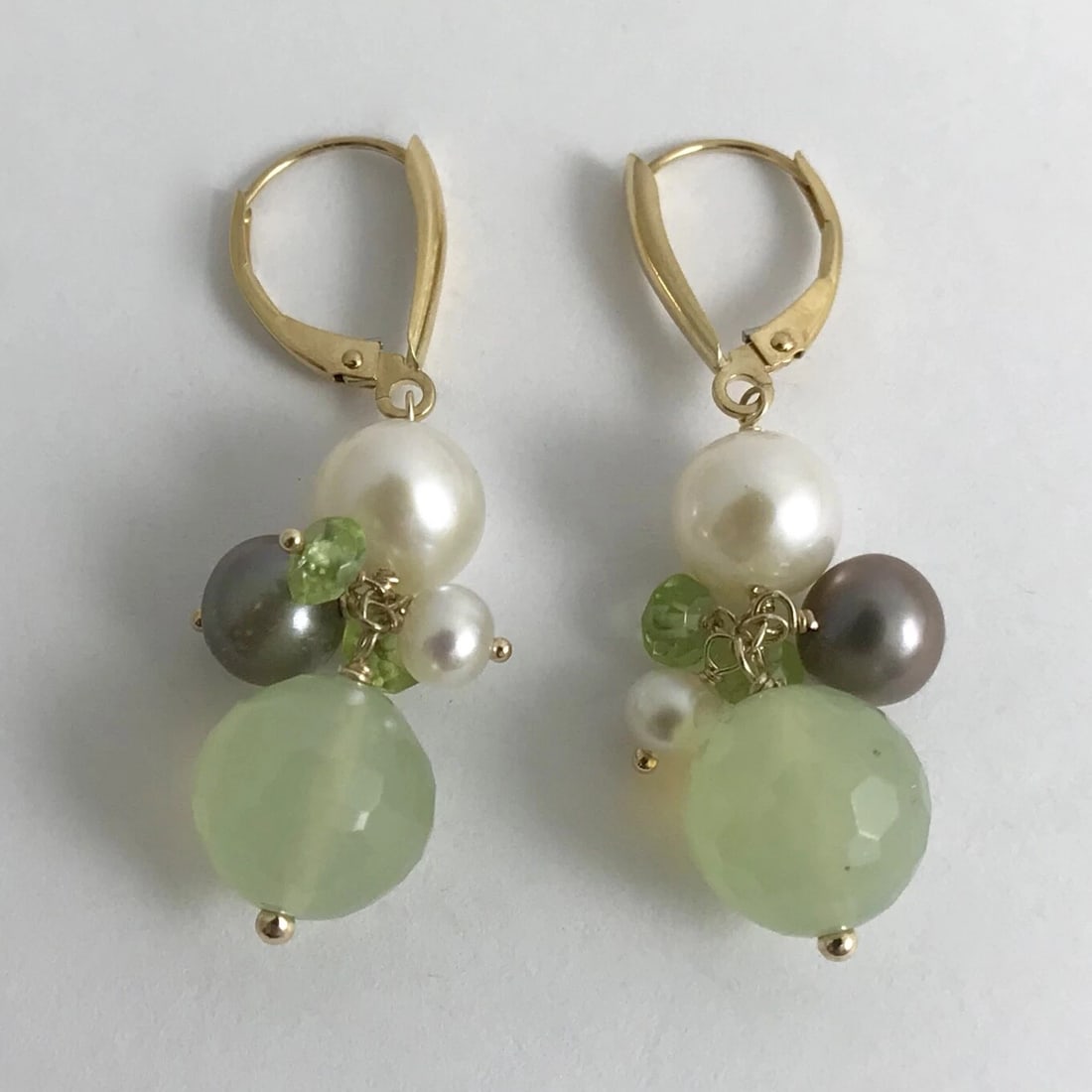 Grey White Pearl Peridot Quartz Dangle Drop Earrings 14K Yellow Gold, 6.42 Grams - 6