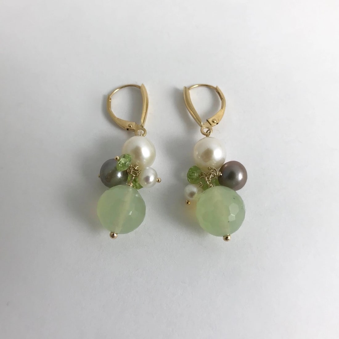 Grey White Pearl Peridot Quartz Dangle Drop Earrings 14K Yellow Gold, 6.42 Grams - 7
