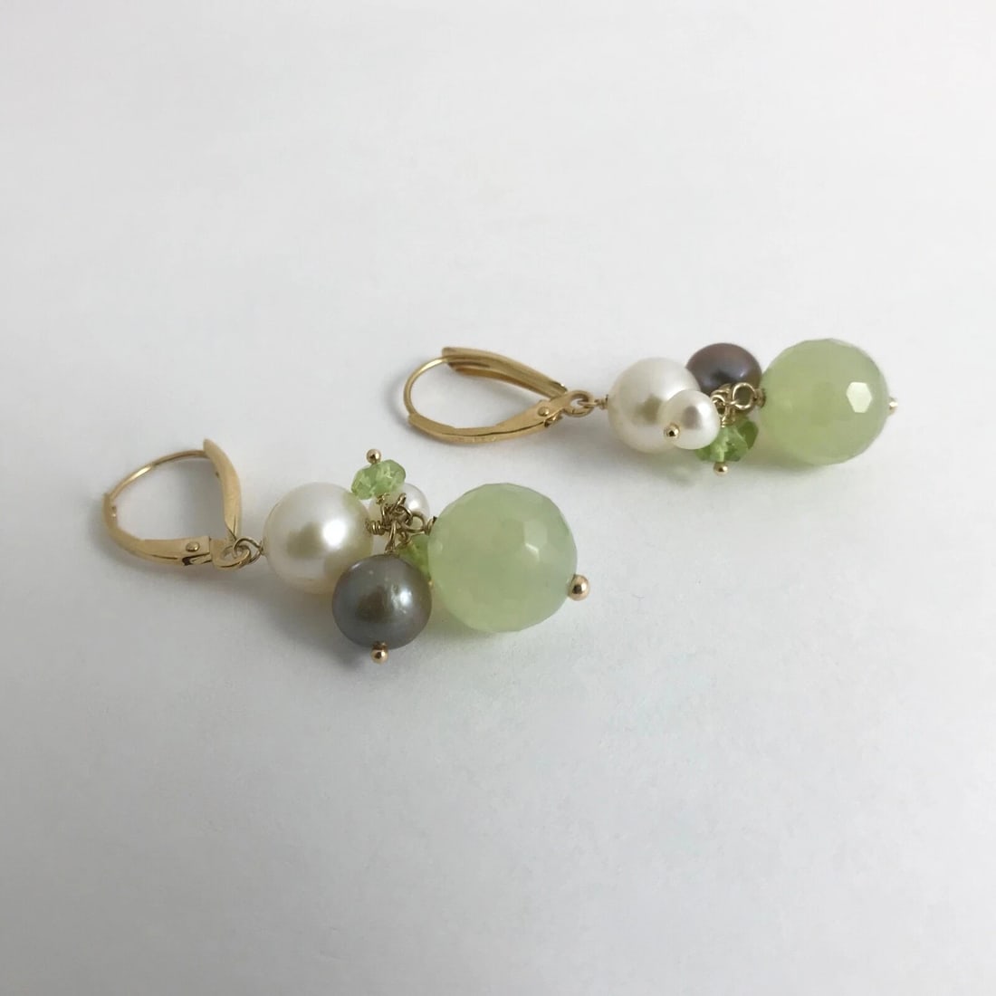 Grey White Pearl Peridot Quartz Dangle Drop Earrings 14K Yellow Gold, 6.42 Grams - 8