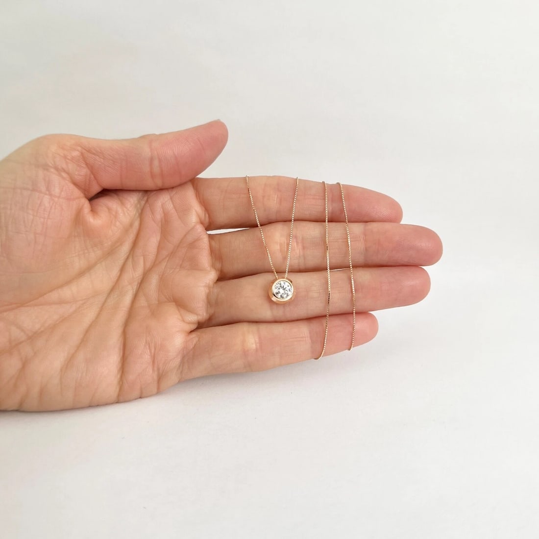 Round CZ Bezel Solitaire Pendant Necklace 14K Pink Rose Gold, 1.14 Grams - 2