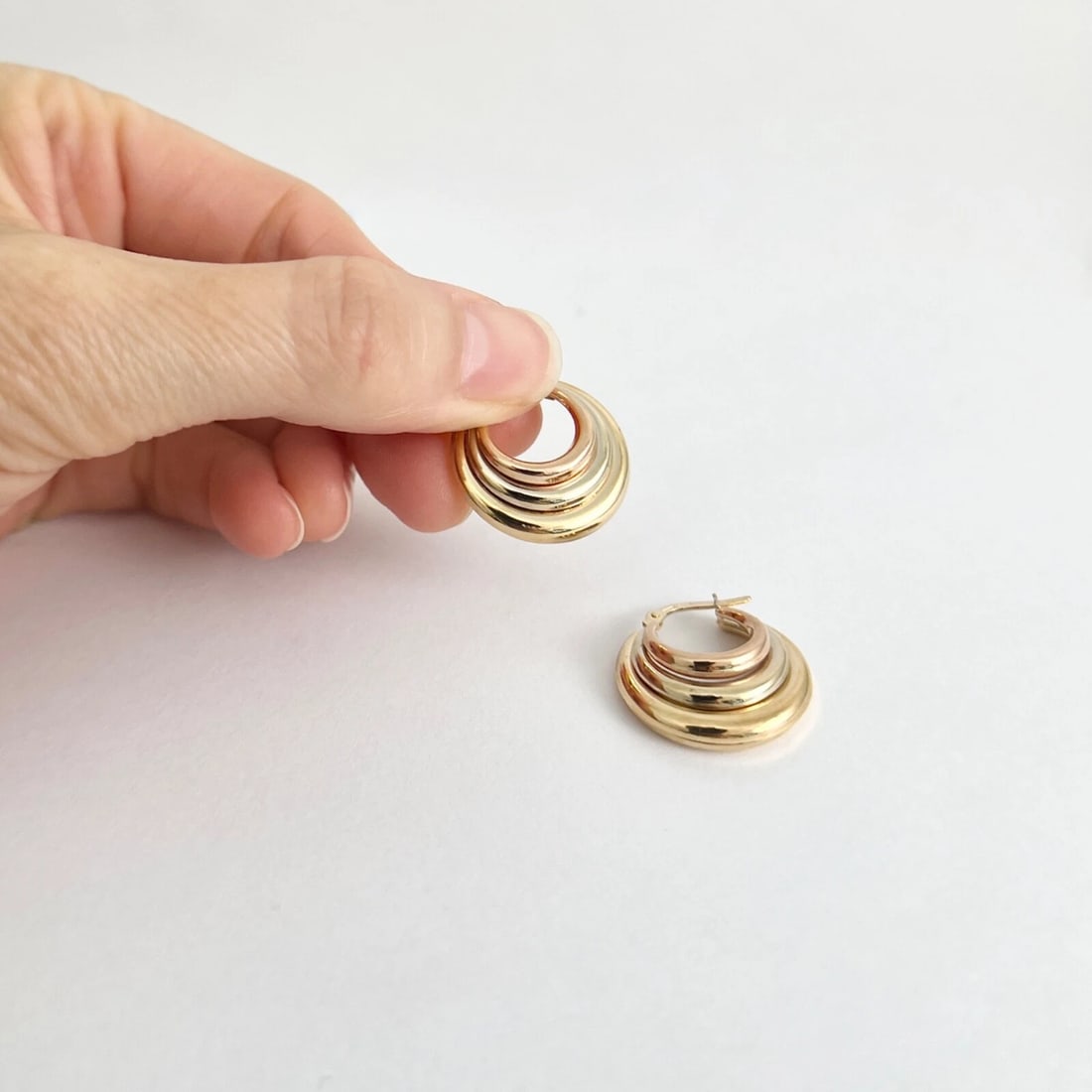 Italian Tri-Color Hoop Earrings 14K Yellow Rose White Gold, 4.18 Grams - 4