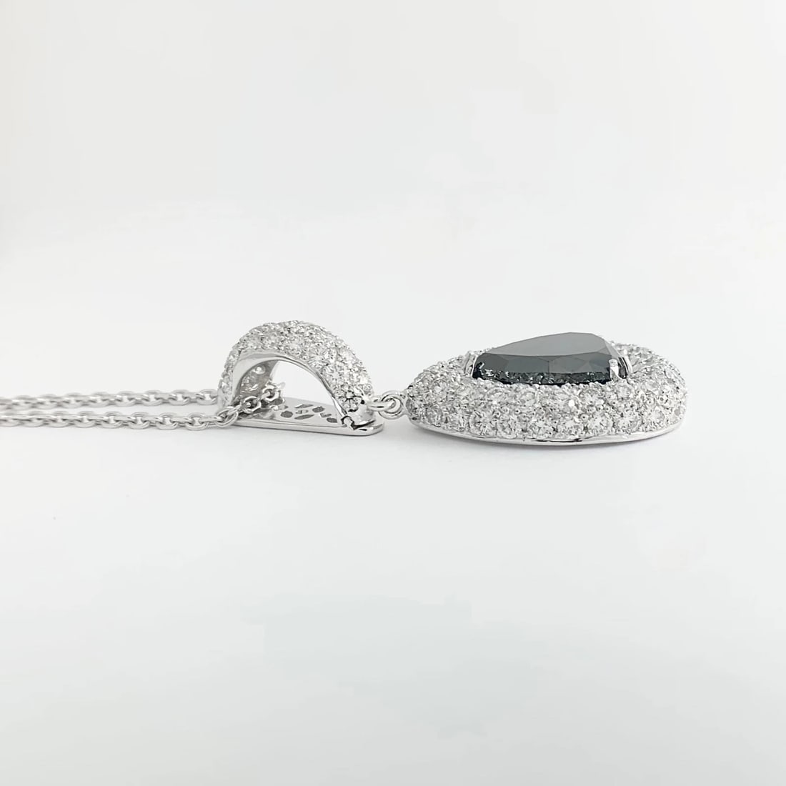 Black White Diamond Halo Teardrop Pendant Necklace 18K White Gold, 16.30 CTW - 6