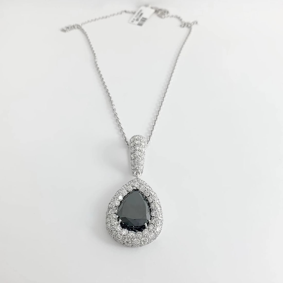 Black White Diamond Halo Teardrop Pendant Necklace 18K White Gold, 16.30 CTW - 8