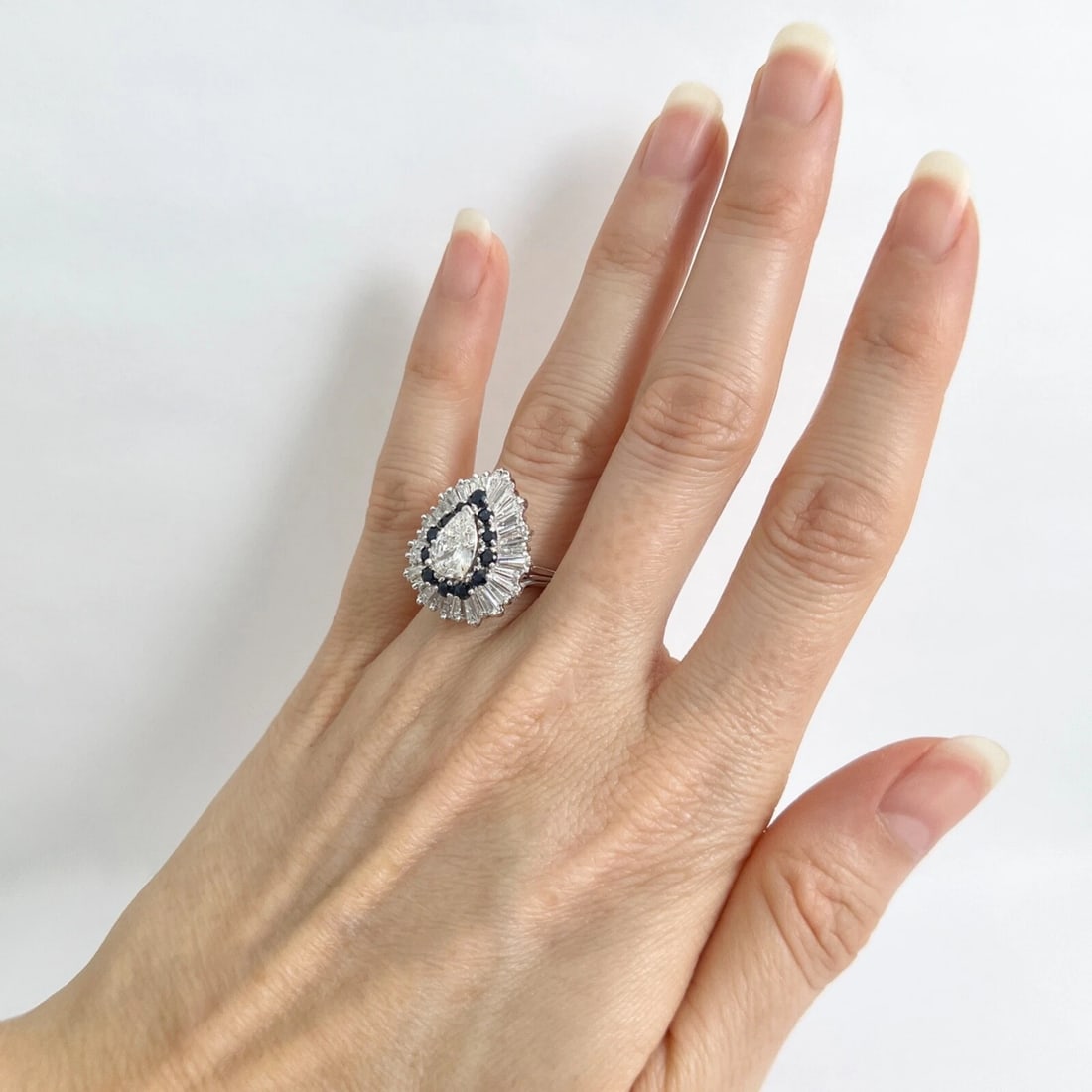 Pear Diamond Baguette Halo Blue Sapphire Cocktail Ring, Platinum, 3.84 CTW - 4