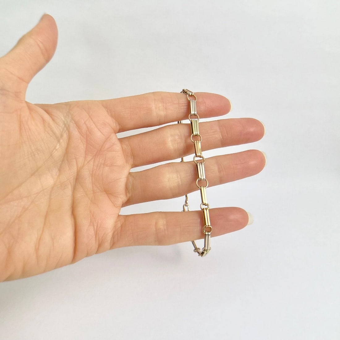 Tri-Color Chain Link Bracelet 14K Yellow Rose White Gold, 7.75 Inches, 5.34 Gram - 2