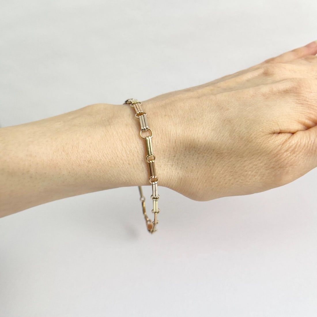 Tri-Color Chain Link Bracelet 14K Yellow Rose White Gold, 7.75 Inches, 5.34 Gram - 4