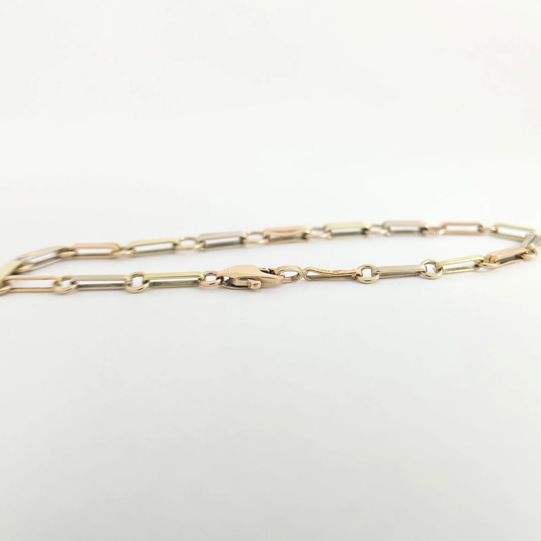 Tri-Color Chain Link Bracelet 14K Yellow Rose White Gold, 7.75 Inches, 5.34 Gram - 7