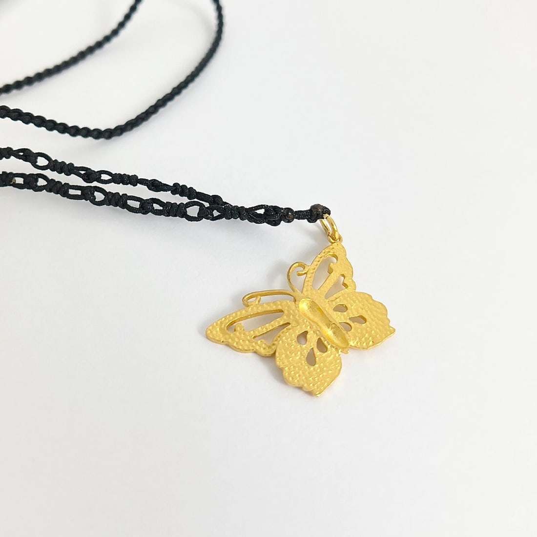 Butterfly Pendant Long Black Cord Necklace 24K Yellow Gold, 28 Inches, 8.26 Gram - 6