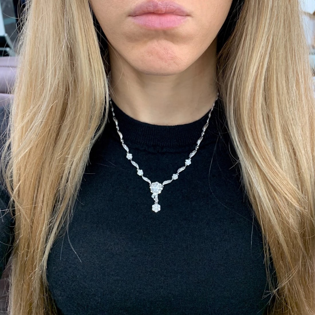 Flower Cluster Diamond Pendant Y Lariat Necklace 18K White Gold 2.29 CTW 13.84 G - 5