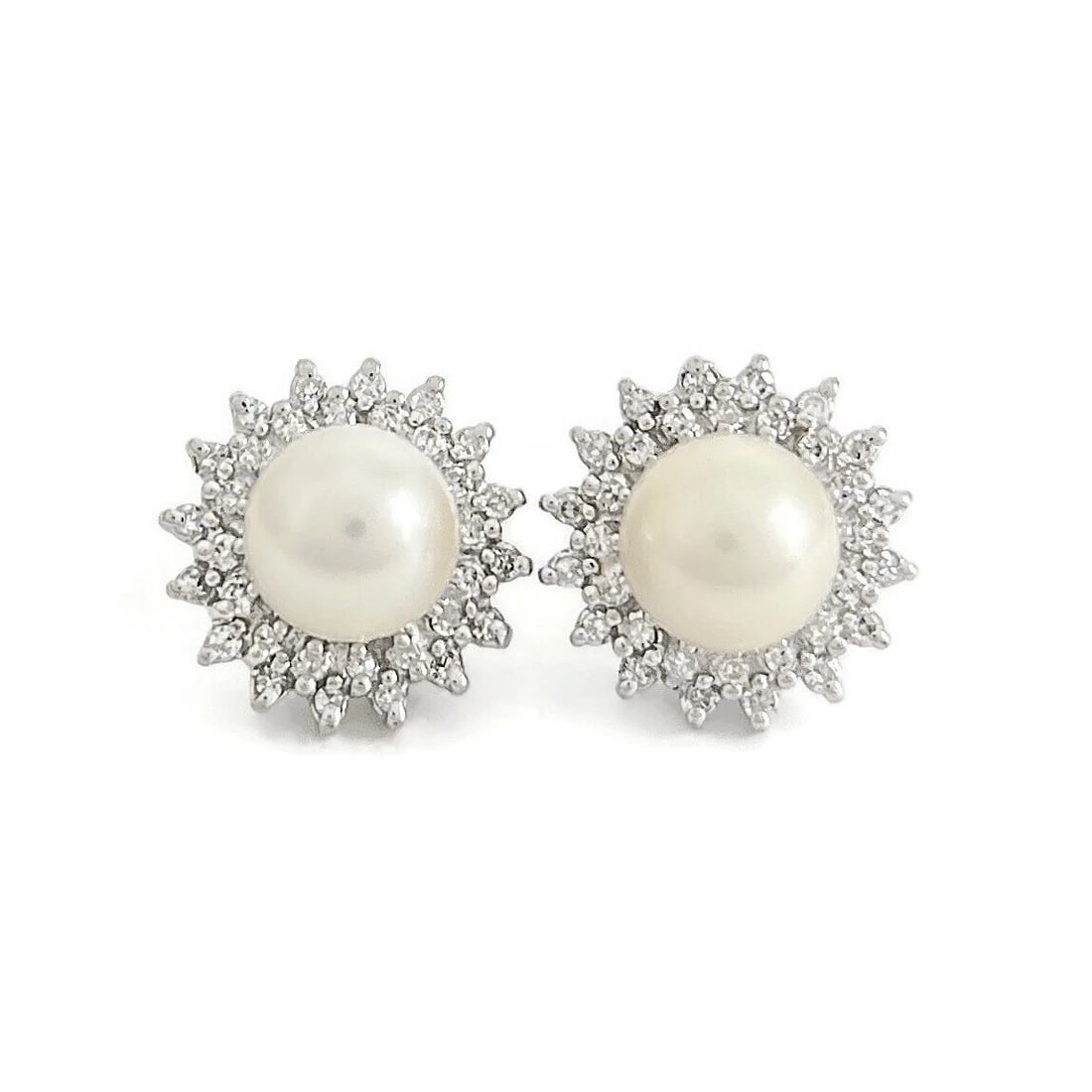 Pearl Diamond Halo Stud Earrings 14K White Gold, .50 CTW: Title: Pearl Diamond Halo Stud Earrings 14K White Gold, .50 CTW Description: Pearl Diamond Halo Stud Earrings 14K White Gold, .50 CTW These are lovely earrings! Diamonds: 64 round cuts, .50 ctw, E-F,