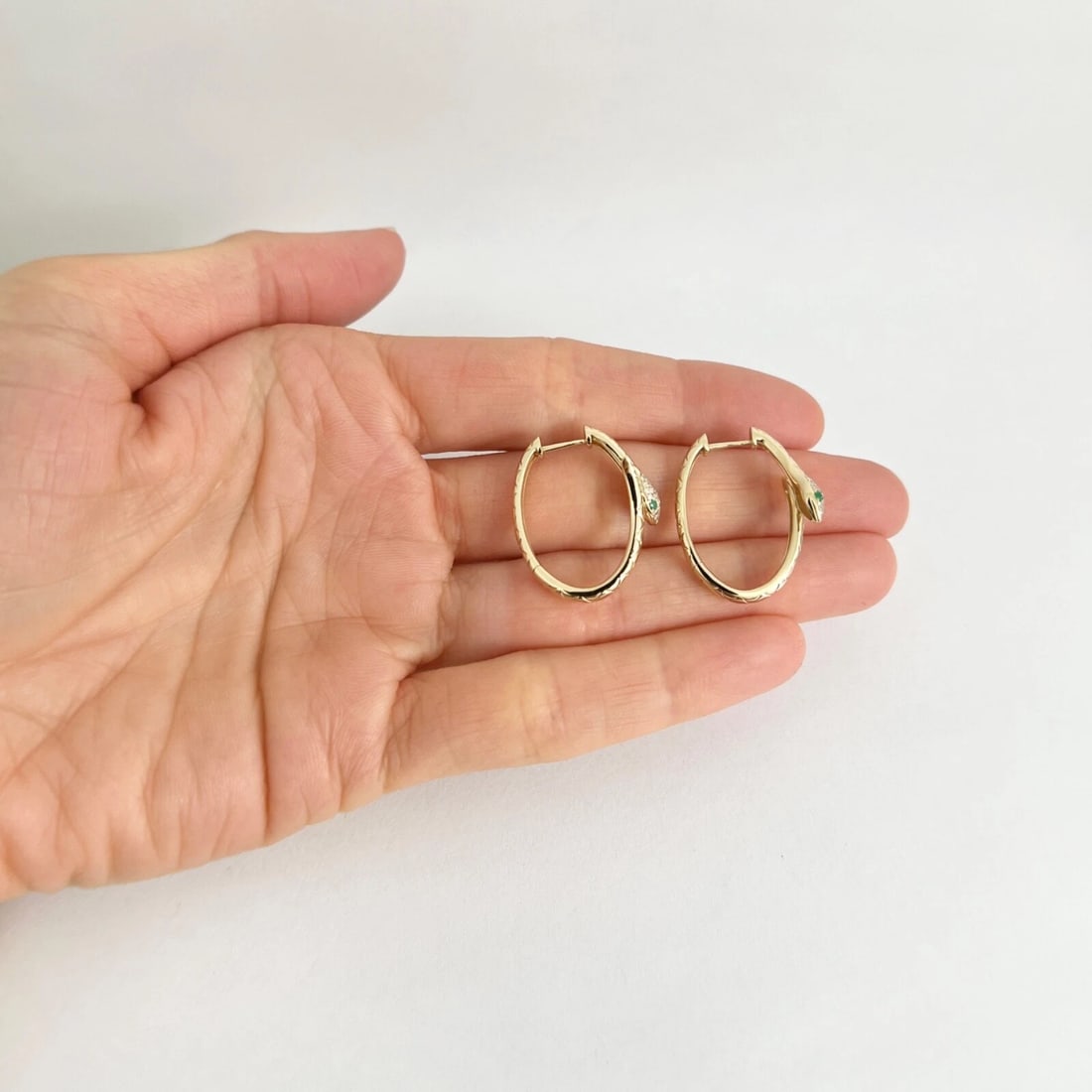 Emerald Eye Diamond Snake Hoop Earrings 14K Yellow Gold, 1 Inch, .29 CTW - 2