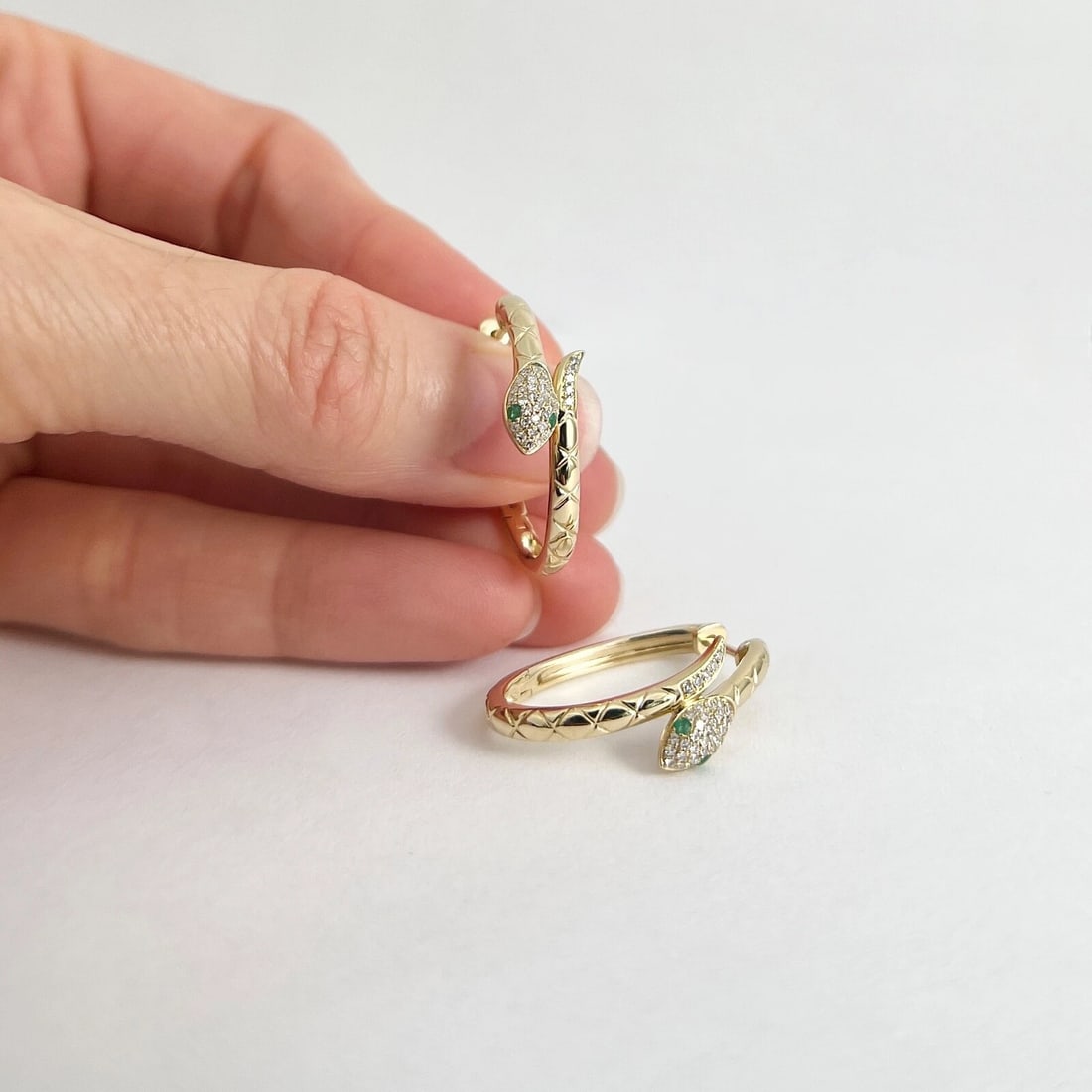 Emerald Eye Diamond Snake Hoop Earrings 14K Yellow Gold, 1 Inch, .29 CTW - 4