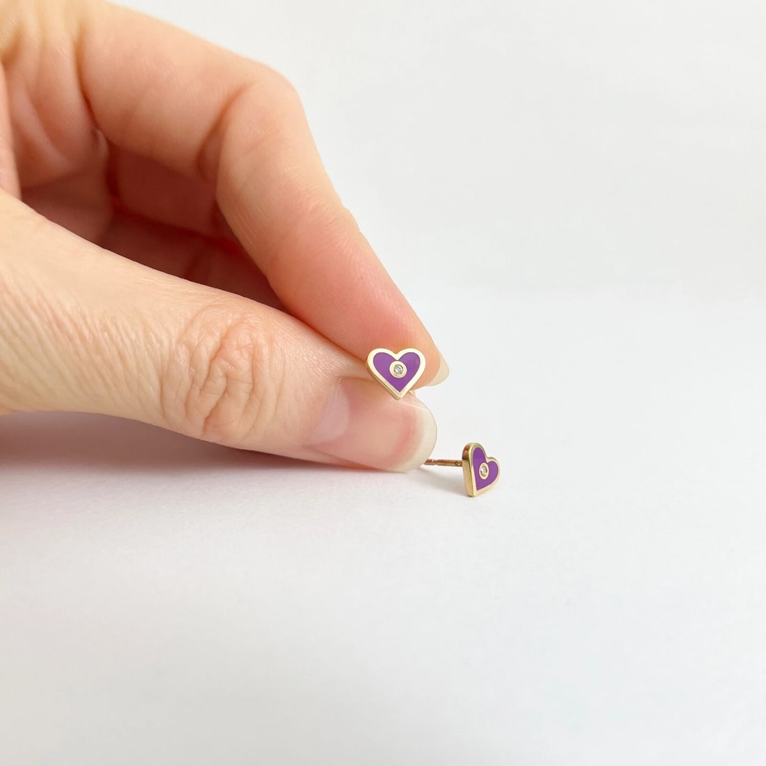 Purple Enamel Heart Diamond Stud Earrings 14K Yellow Gold .02 CTW - 3