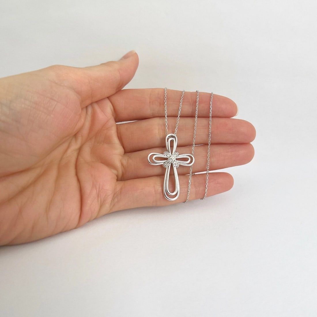 Diamond Loop Cross Religious Pendant Necklace 14K White Gold .25 CTW - 3