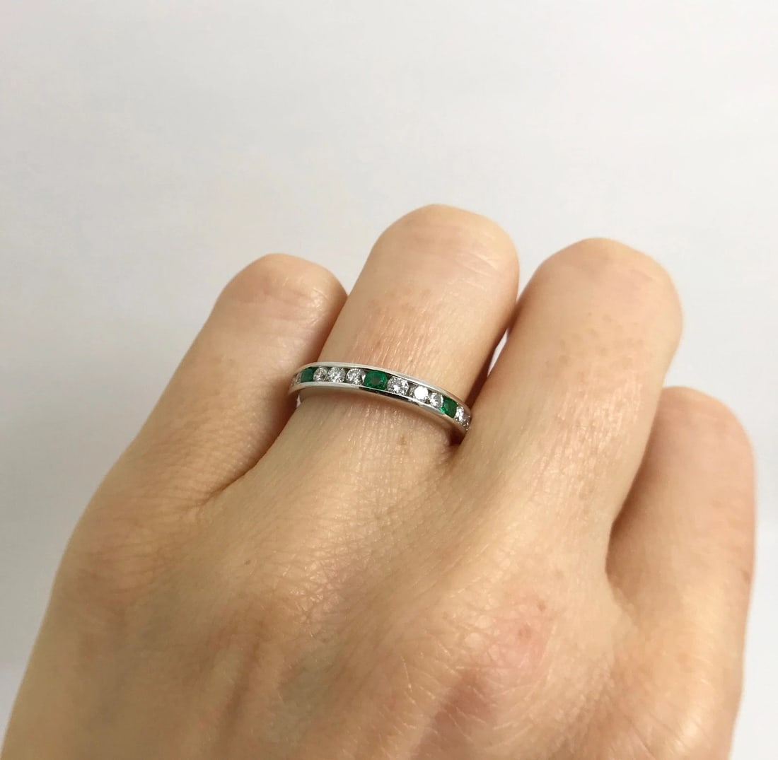 Emerald Diamond Eternity Band Ring 14K White Gold,1.00 CTW, Size 5, 2.37 Grams - 3