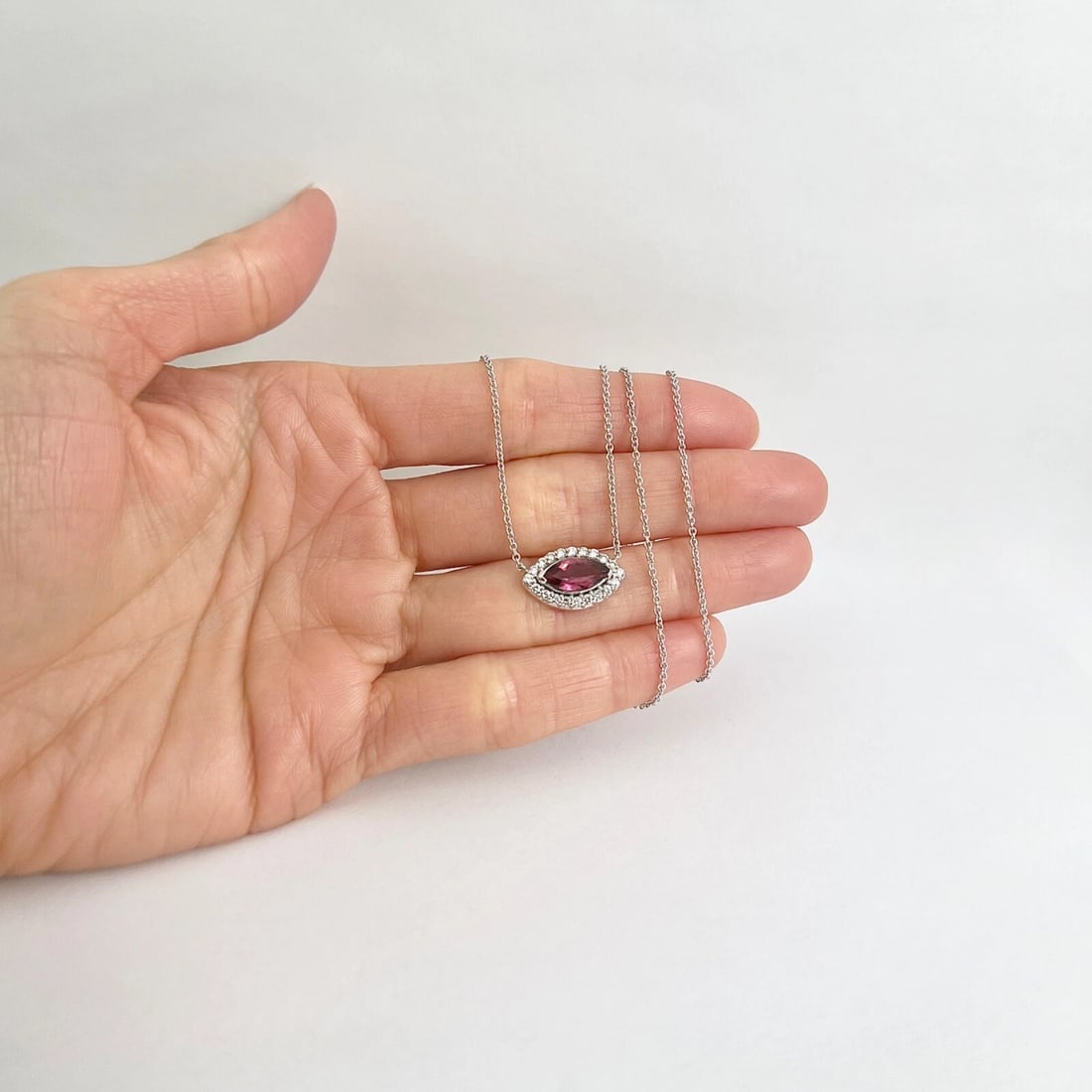 Marquise Pink Tourmaline Diamond Halo Pendant Necklace 14K White Gold, 1.27 CTW - 2