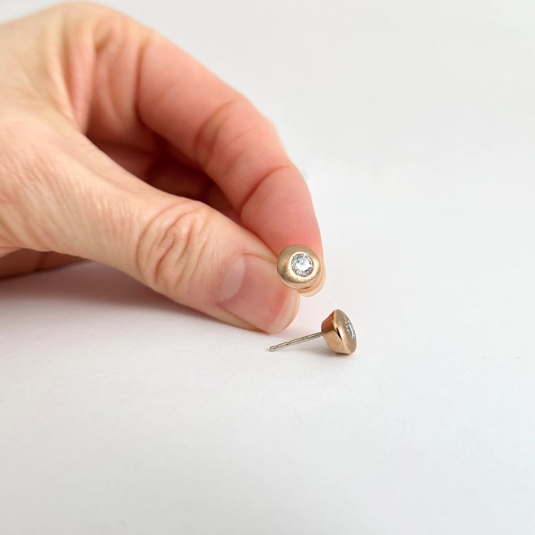 Round Thick Satin Bezel Diamond Stud Earrings 14K Pink Rose Gold .45 CTW - 3