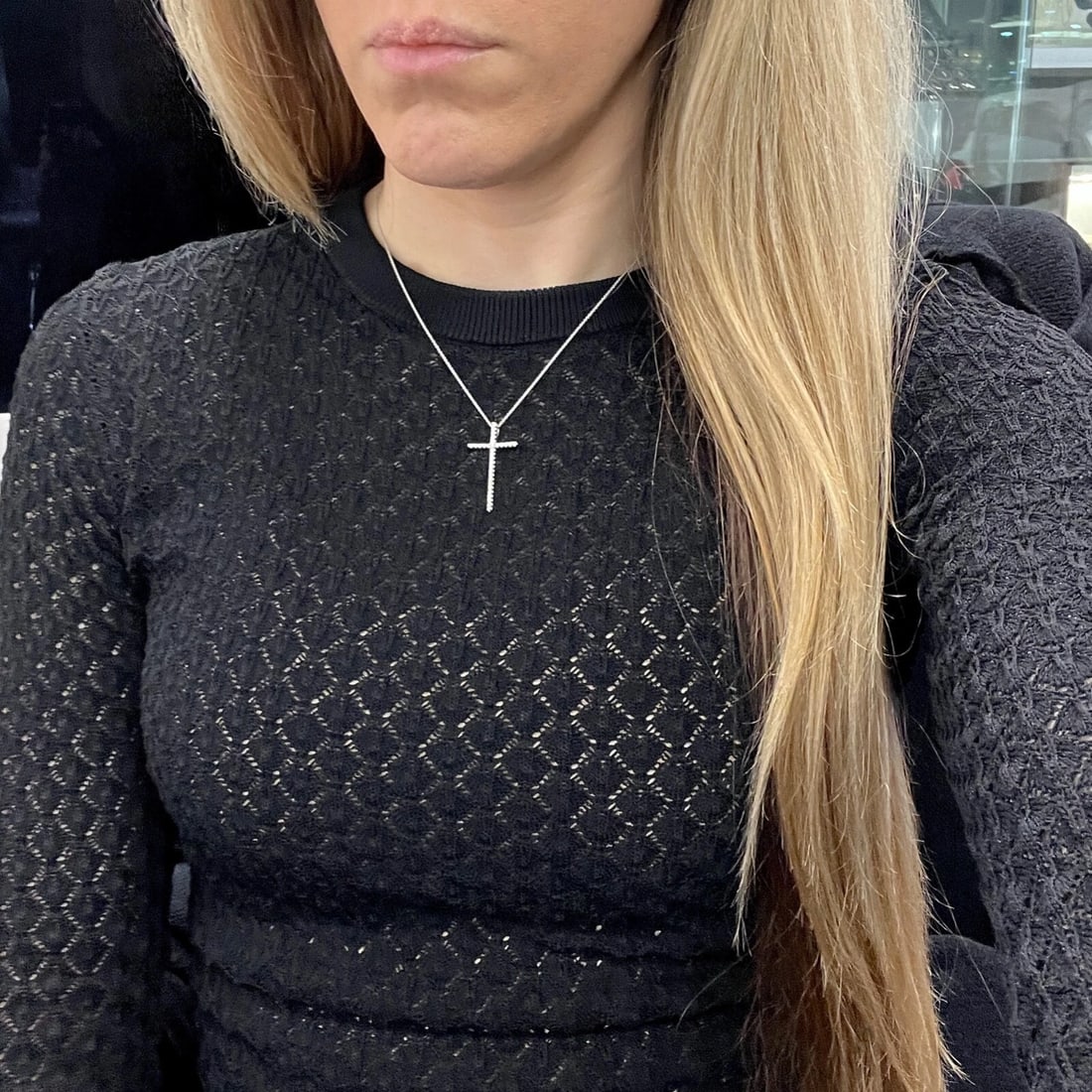 Long Thin Diamond Cross Pendant Necklace 14K White Gold, .27 CTW - 3