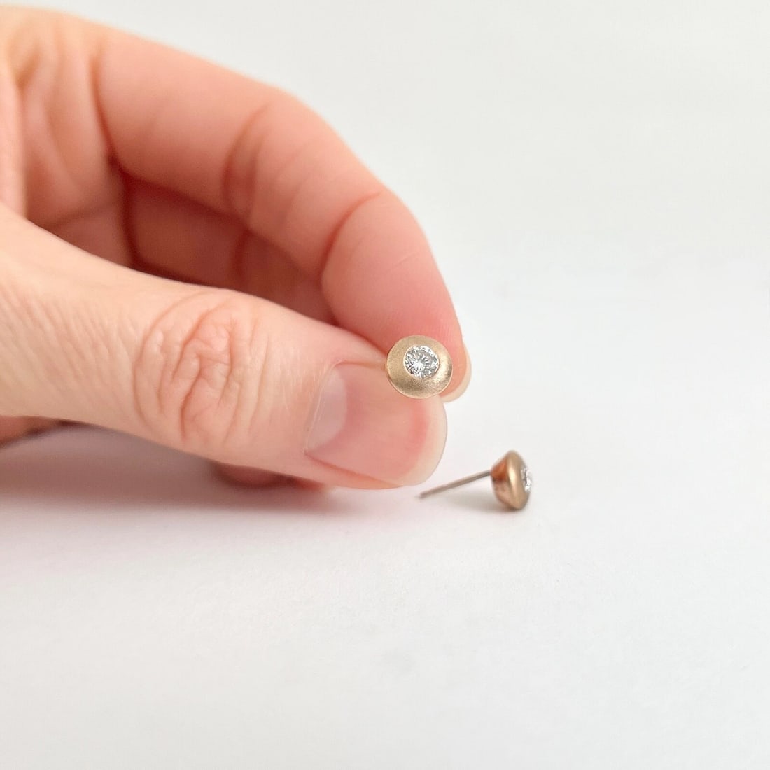 Round Thick Satin Bezel Diamond Stud Earrings 14K Pink Rose Gold .33 CTW - 2