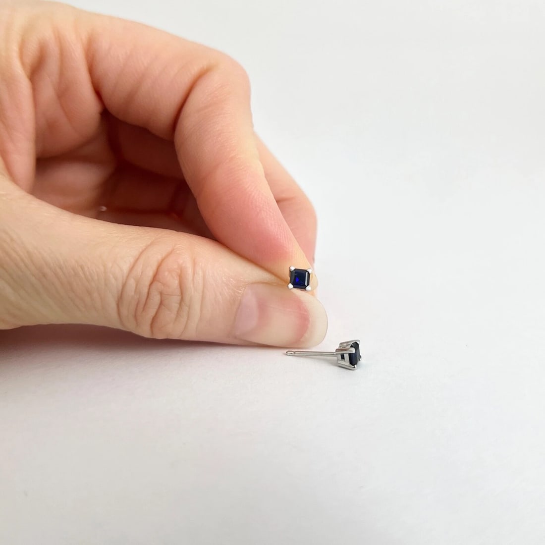 Small Square Princess Cut Blue Sapphire Stud Earrings 14K White Gold, .36 CTW - 2