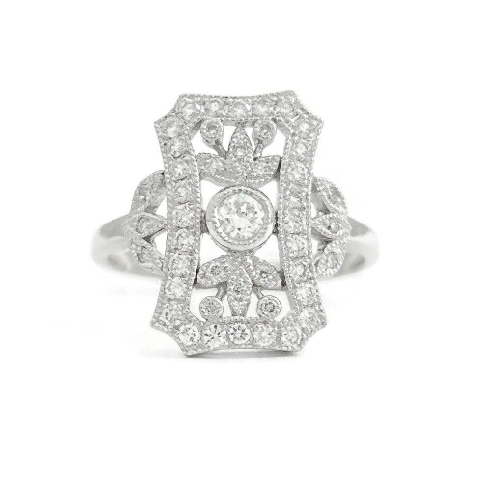 Art-Deco Style Long Pave Diamond Filigree Statement Ring 18K White Gold .52 CTW: Title: Art-Deco Style Long Pave Diamond Filigree Statement Ring 18K White Gold .52 CTW Description: Art-Deco Style Long Pave Diamond Filigree Statement Ring 18K White Gold .52 CTW This is a