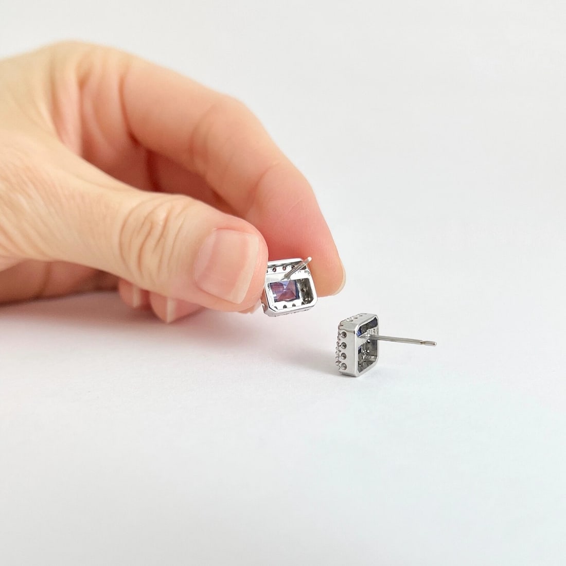 Square Blue Sapphire Diamond Halo Stud Earrings 14K White Gold, 2.16 CTW - 5