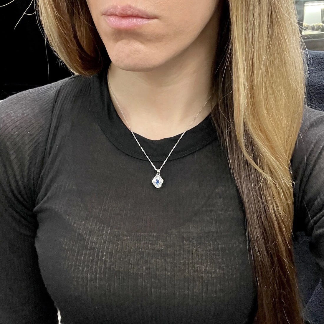 Oval Sapphire Baguette Diamond Halo Pendant Necklace 14K White Gold, .60 CTW - 4