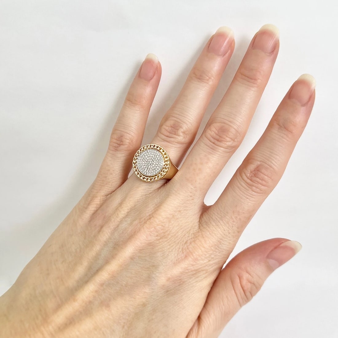 Round Pave Diamond Cuban Chain Link Halo Signet Ring 14K Yellow Gold .21 CTW - 3