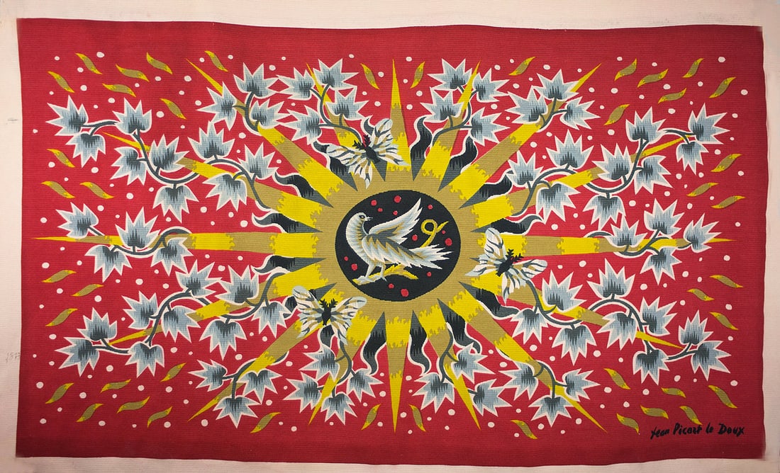 FRENCH TAPESTRY JEAN PICART LEDOUX MODERNIST Soleil d'ete: Title: FRENCH TAPESTRY JEAN PICART LEDOUX MODERNIST Soleil d'ete Description: Created in France in the 1950 this cotton tapestry reflect the democratic desire of that time to produce affordable art .