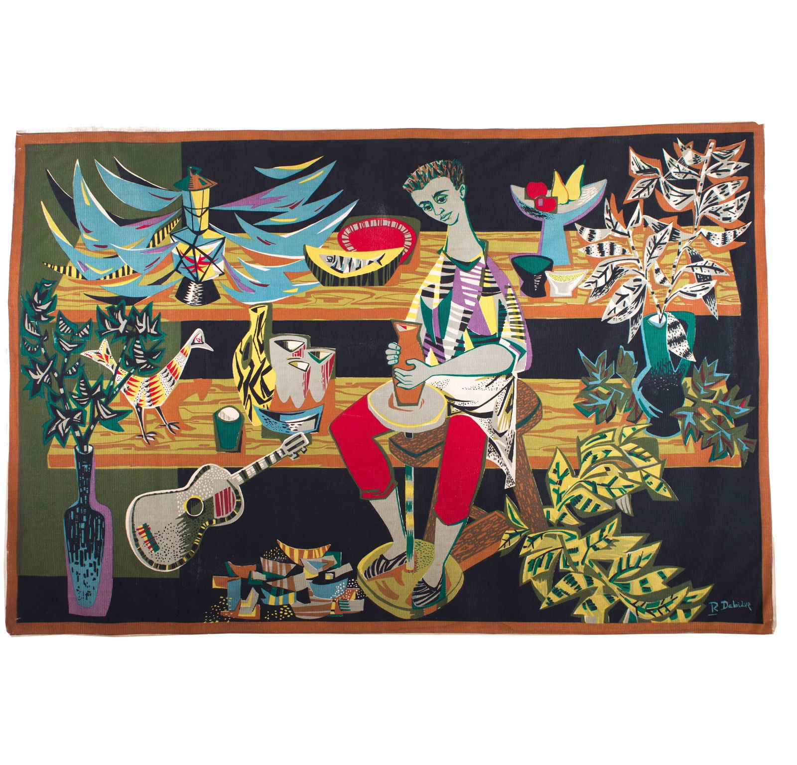 FRENCH TAPESTRY Debieve MODERNIST AUBUSSON Robert Four The potter: Title: FRENCH TAPESTRY Debieve MODERNIST AUBUSSON Robert Four The potter Description: Made in France in the 1960 this wool tapestry reflect the democratic desire of that time to produce affordable