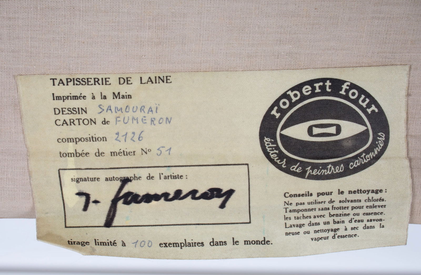 Long Fumeron tapestry Samourai wool fabric Robert Four signed - 3