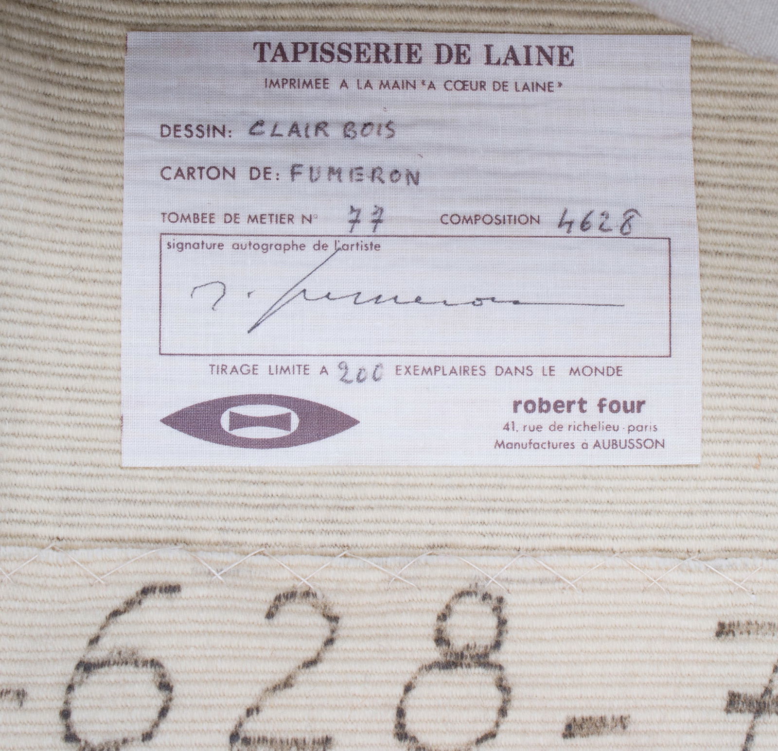 Fumeron tapestry clair bois wool fabric Robert Four signed - 5