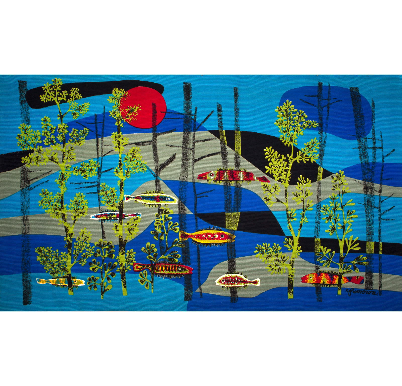 Fumeron tapestry blue Calypso wool fabric Robert Four signed: Title: Fumeron tapestry blue Calypso wool fabric Robert Four signed Description: Born on August 9, 1921 in Payroux, in southern Vienne, René Fumeron remains above all known for his tapestries. He